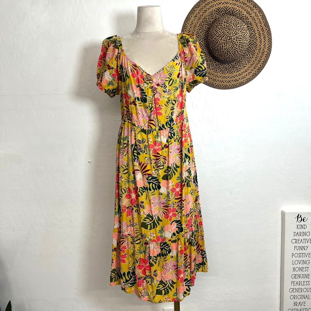 Luxology Tropical Floral Midi Dress L Sweetheart Puff Sleeve Yellow Pink Green